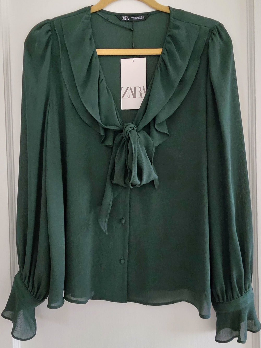 ZARA Deep Forest Green Tie-Neck Blouse Medium NWT